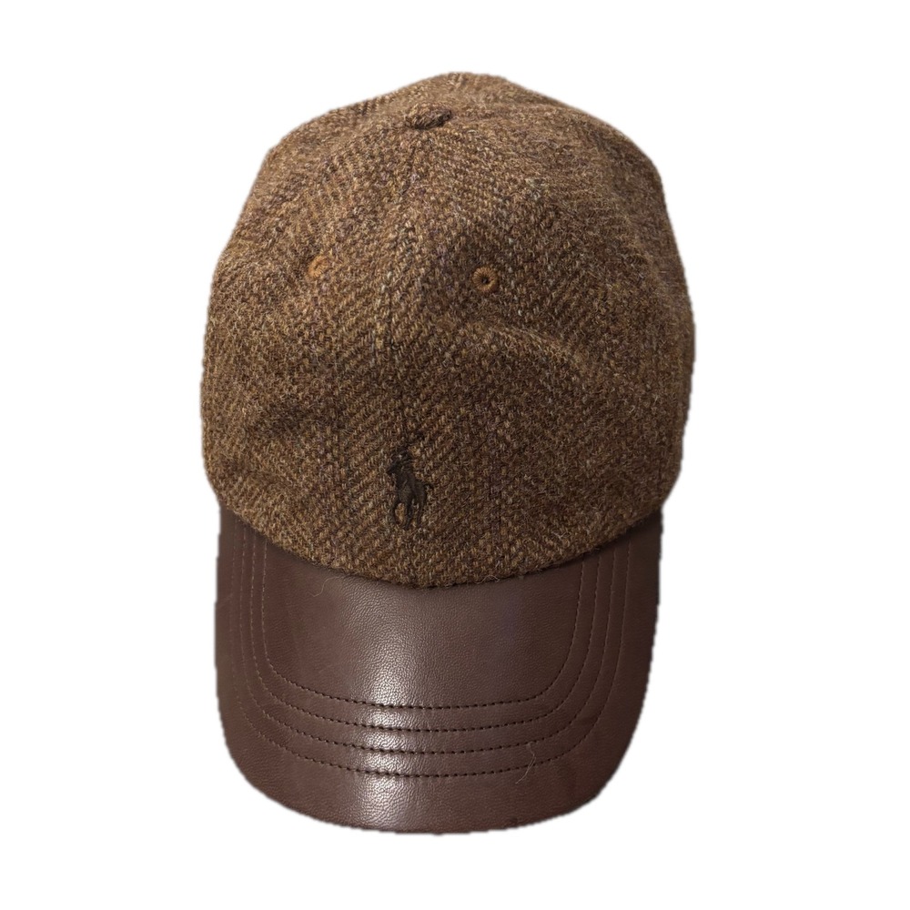 Polo Ralph Lauren Brown Shetland Wool Herringbone Leather Bill Baseball Cap Hat